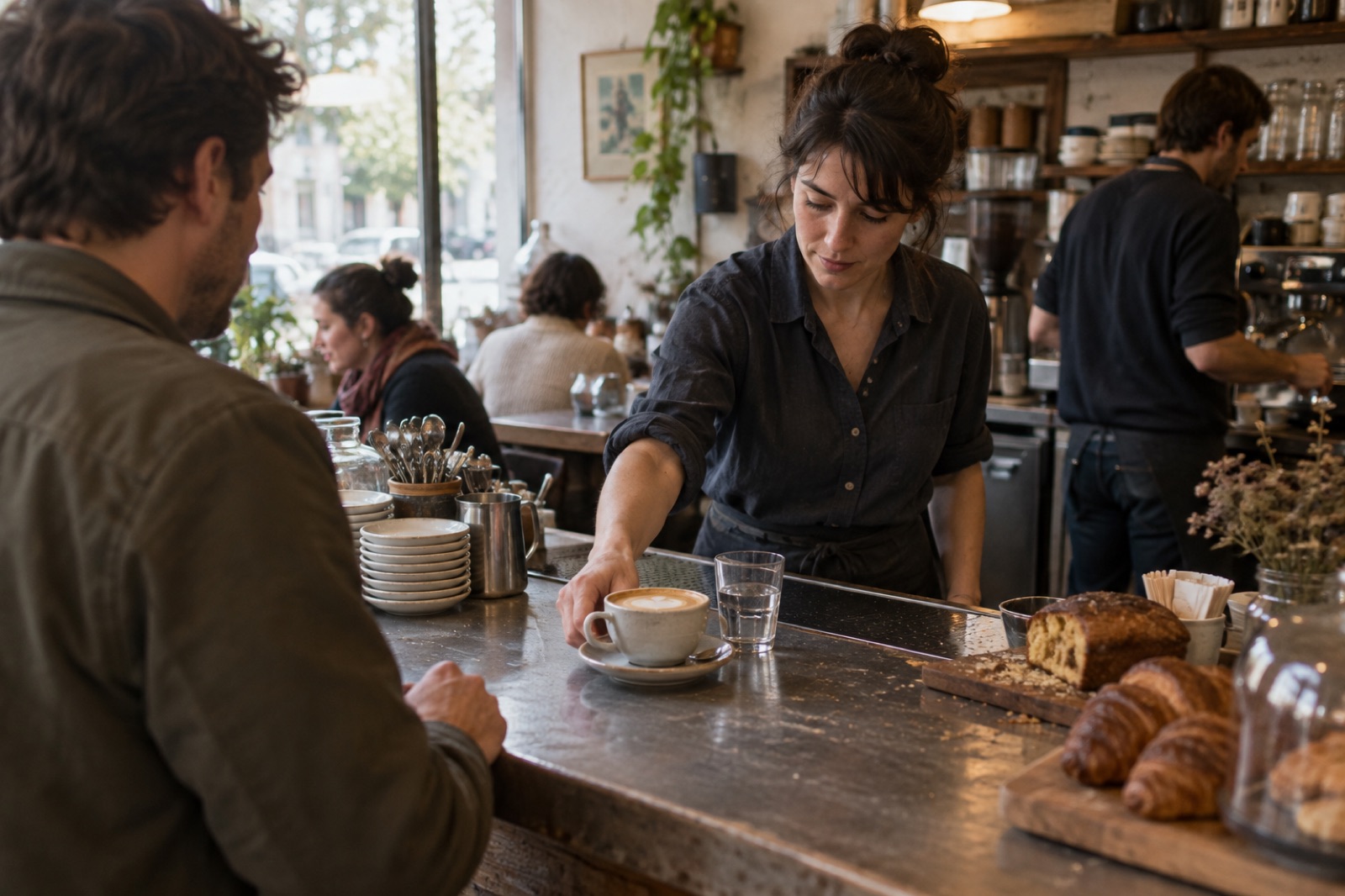 Une barista sert un café à un client au comptoir