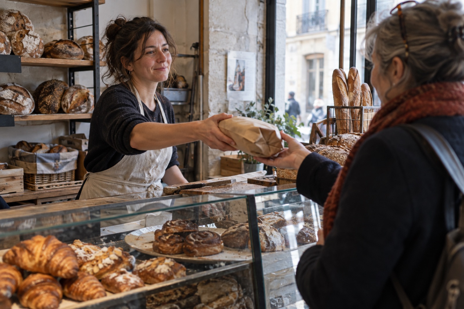 Échange d’un achat au comptoir d’un commerce alimentaire