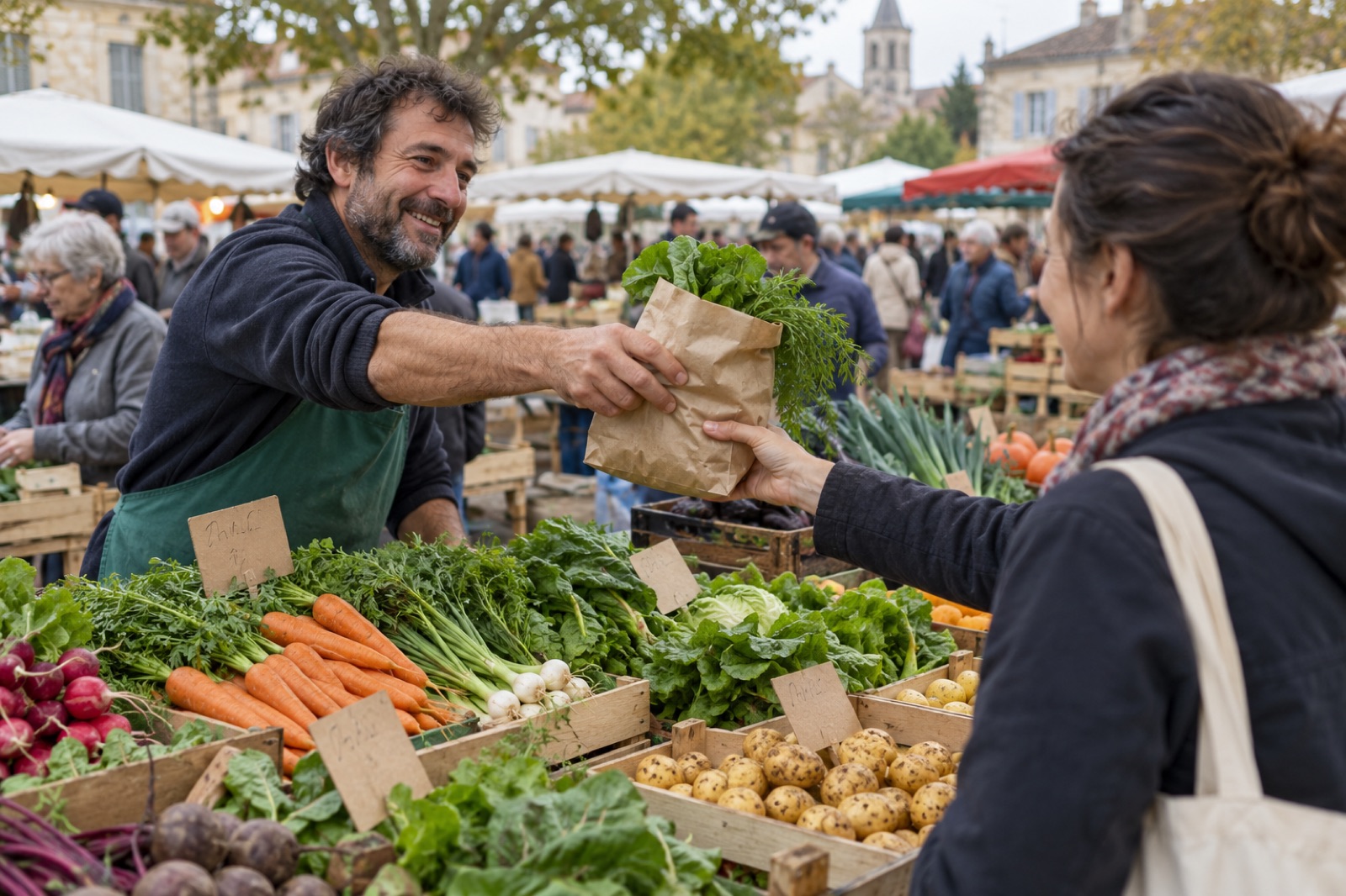 Un marchand remet un sac à une cliente sur un marché de plein air